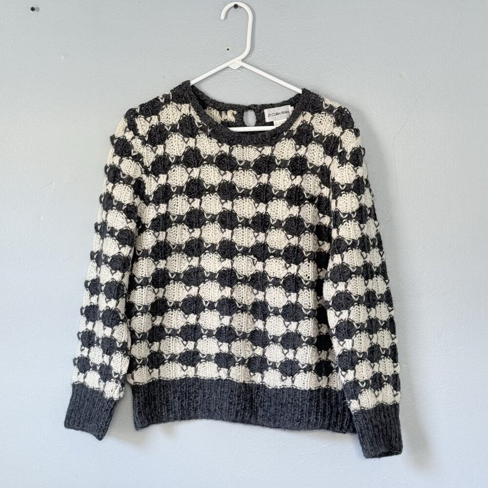 JH Collectibles VINTAGE Sweater Large Gray Cream Mohair Blend Chunky Puff Sleeve